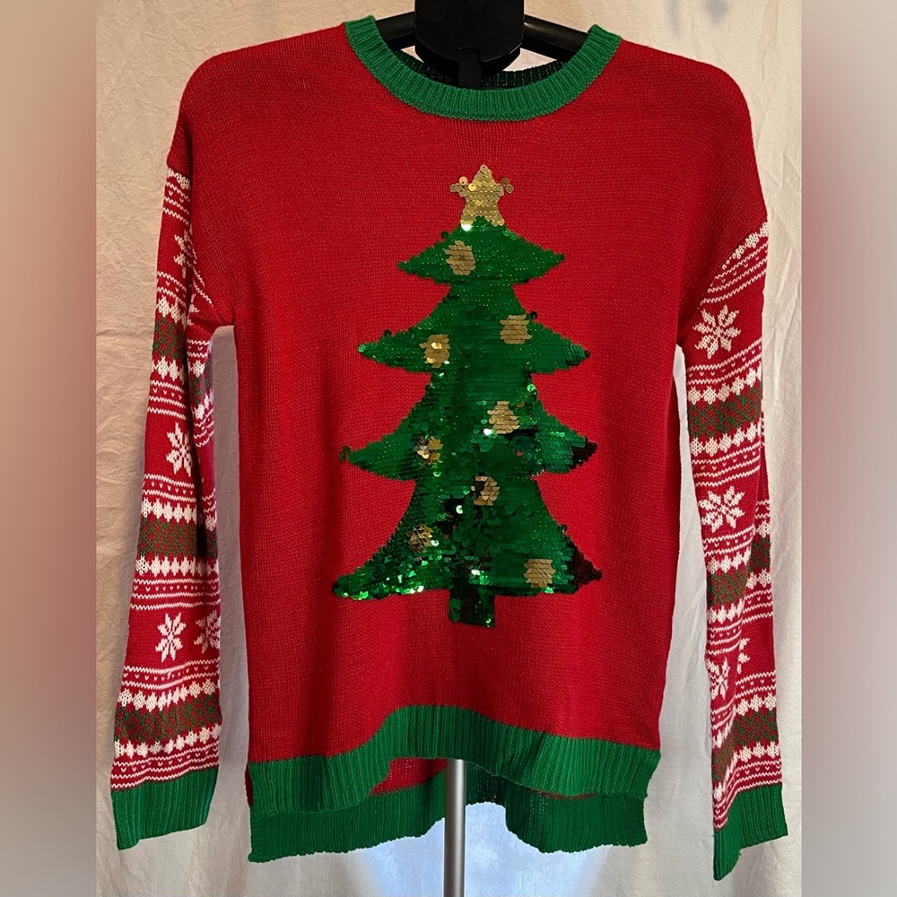 Tiara International Red Hi-Lo Ugly Xmas Sweater W/Green Sequin Tree Medium